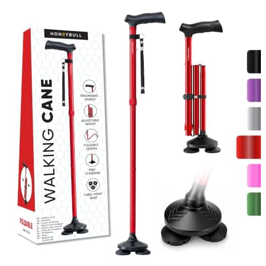 HONEYBULL Walking Cane for Men & Women, Foldable Free Standing Cane (Red)
