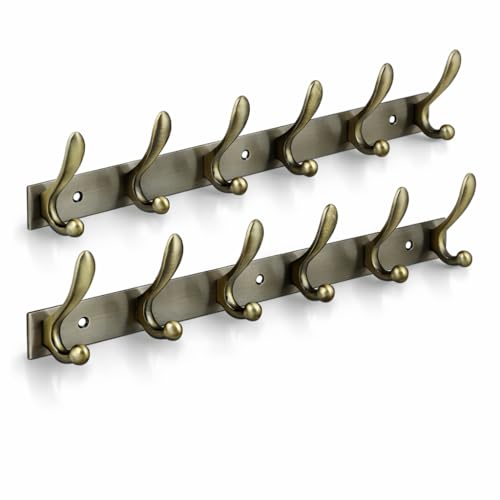 Image of Exclusive Extra Long 40 cm Antique Brass 6 Pin Metal Bathroom Cloth Hooks Hanger Door Wall Robe Hooks Rail for Hanging Keys,Clothes,Towel (2, Antique)
