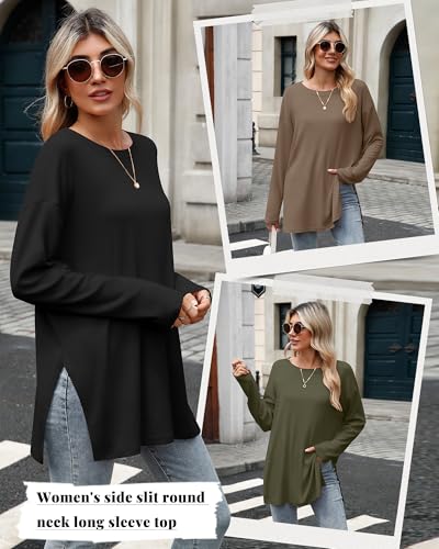 Huukeay 3 Pack Oversized Long Sleeve Shirts for Women Cotton Workout Side Split Gym Crewneck Tops Loose Basic Tee Fall3
