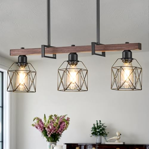 Ruibutrade 3-Light Vintage Industrial Pendant Light Over Table, Adjustable Hanging Light with Walnut...