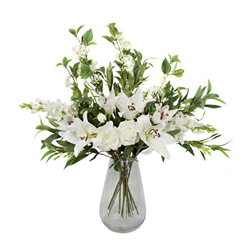GreenBrokers Bouquet Blanc Artificiel de qualité supérieure - Arrangement Floral avec lys, Roses, delphiniums, Fleurs de sureau et Verdure Cover