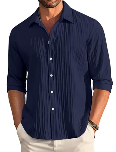 Image of FINIVO FASHION Men's Casual Cotton Polyester Blend Plain Button Down Shirt Long Sleeve Textured Summer Beach Shirt for Men
