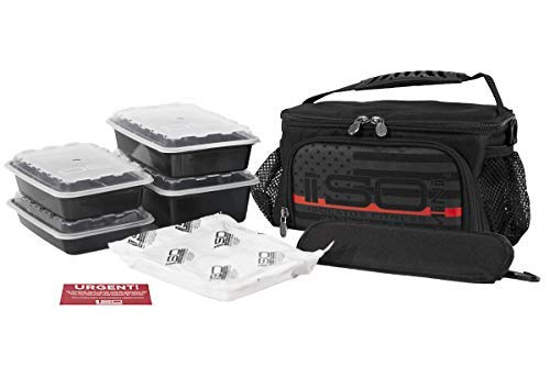 Small Meal Prep Lunch Bag ISOMINI 2 Meal Insulated Lunch Bag Cooler with 4 Stackable/Reusable Meal Prep Containers, 1 Ice Pack ISOBRICK, and 1 Shoulder Strap - Made in USA (Thin Red Line)