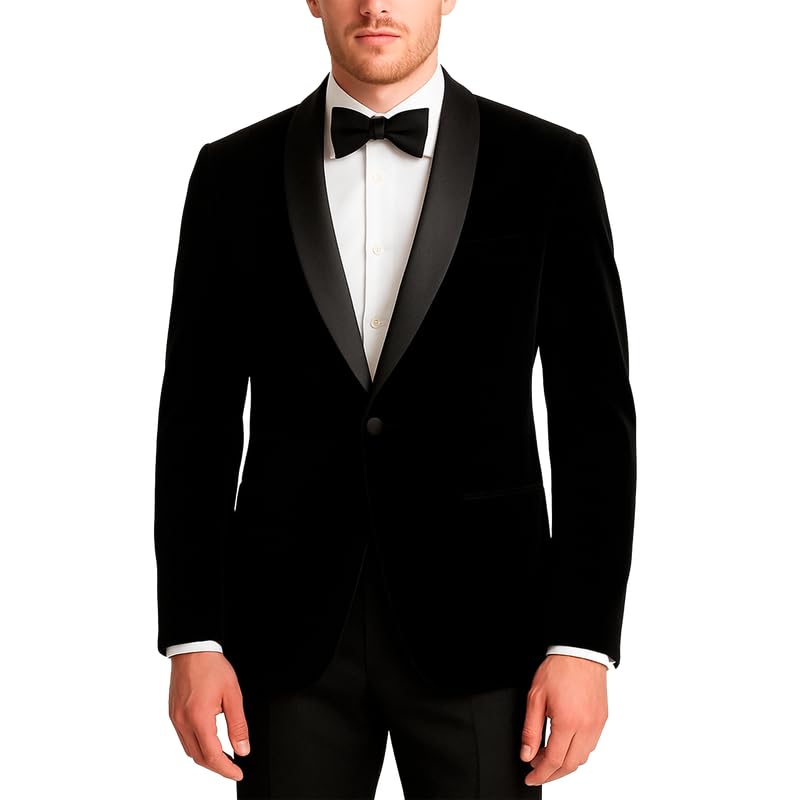 Adam Baker Men's Velvet Dinner Jacket, One Button Tuxedo Blazer with Satin Shawl Collar - Slim Fit for Wedding & Prom