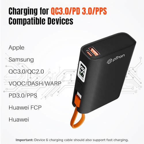 pTron Dynamo Rush 10000mAh 22.5W Nano Power Bank, Compact Size Fast Charging, Supports VOOC/Wrap/Dash USB Charging, 20W PD Fast Charging, Built-in Type C Cable, 2 Output Ports & BIS Certified (Black) - Image 5