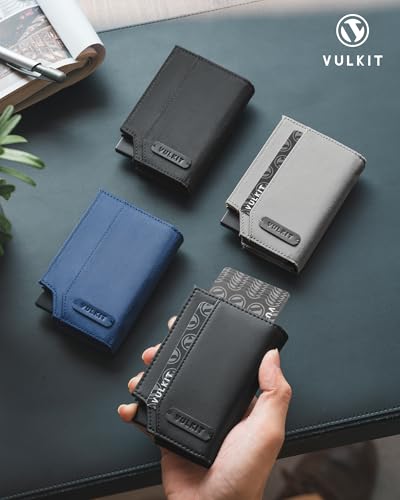 VULKIT Męski portfel na 12 kart, wyskakujące etui, okienko na dowód, przegródka i kieszeń na monety, zapięcie na taśmę