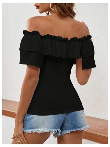 MakeMeChic Women's Off The Shoulder Tops Short Sleeve Tie Front Ruffle Layer Tee Shirts Blouse2