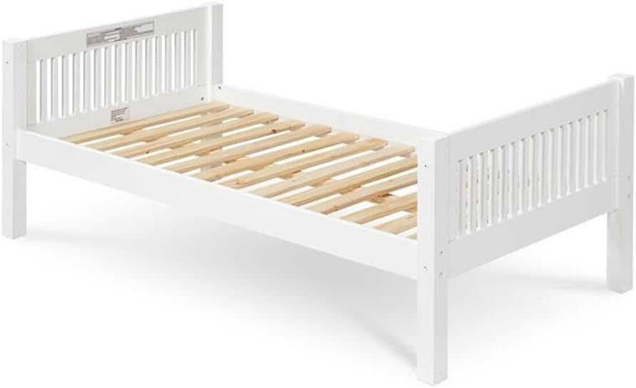 Pemberly Row White Twin Size Platform Bed with Twin Trundle, Solid Wood Construction, Mission Style Headboard, Child Safe Finish, Includes Slat Roll Foundation, Kids Bedroom Sleeping Solution