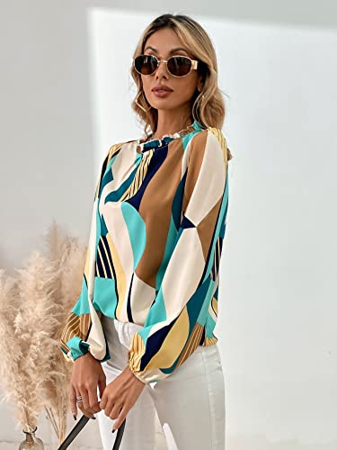 Makemechic Women's Floral Print Long Sleeve Ruffle High Neck Blouse Shirt Top Multicolor S #TOP4