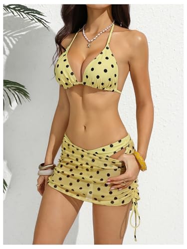 Image of RoseSeek Women's 4 Piece Polka Dots Bathing Suits Cover Up Skirt & Bandana