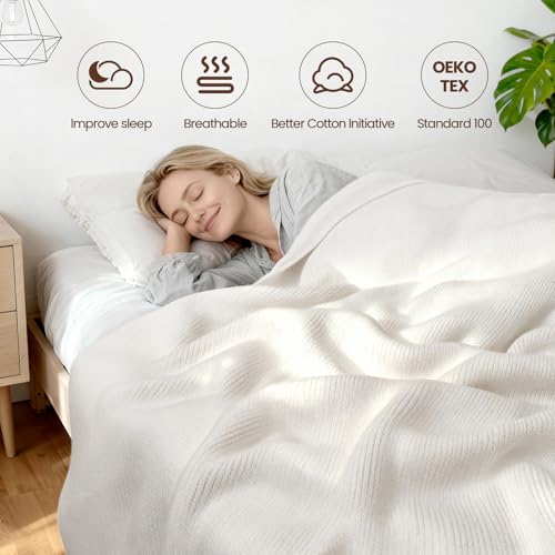Image of Knitted Weighted Blanket for Adults, White 62 inchx90 inch 16lbs | Chunky Knit Heavy Cotton Blanket,Gifts for Women Mom Birthday Gifts Presents,Cooling,Breathable,Sustainable,Machine Washable