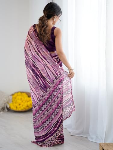 Image of Satrani Women's Georgette Printed & Mirror Work Saree with Unstitched Blouse Piece