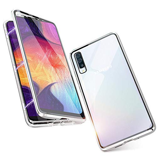 JUNHENG Funda para Samsung Galaxy A50 Adsorcion magnetica Tech Carcasa Frente Posterior Vidrio Templado Diseño Imanes potentes Marco Incorporado Protección de 360 Grados Metal Flip Cover, Plata