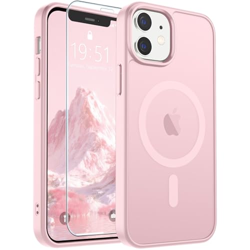 Image of SUPFINE Magnetic for iPhone 12 Case /iPhone 12 Pro Case with Screen Protector (Compatible with MagSafe)(Military Grade Drop Protection) Translucent Matte Shockproof Phone Cover,Light Pink