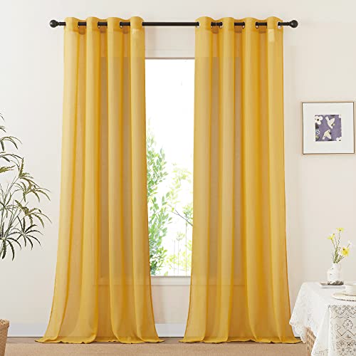 NICETOWN Citrine Linen Curtains 108 inches Long, Grommet Decorative Semi Sheer Gold Curtains Linen Blend Window Drapes Privacy with Light Filtering for Living Room, W52 x L108, 2 Panels