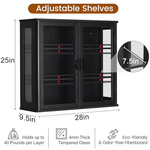 NEWOWNDS Black Tempered Glass Display Wall Storage Cabinet,Bathroom Wall Cabinet,Wall Mounted Cabinet with Curved Edges, Floating Cabinet with Adjustable Shelves for Kitchen,Dining Room,Bathroom