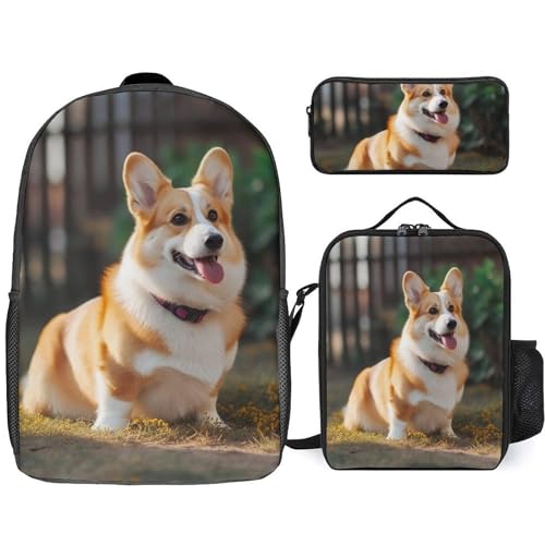 BVKWNTSA Plecak szkolny z nadrukiem Corgi dla nastolatków z pudełkiem na lunch i piórnikiem plecak 3 w 1