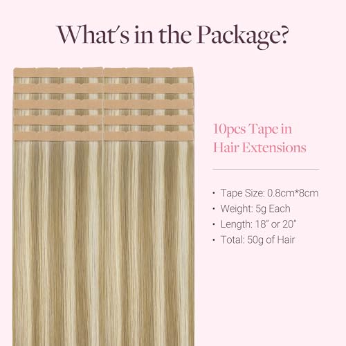 Image of GOO GOO Tape In Weft Hair Extensions Human Hair, 16 /22 Light Blonde Highlighted Golden Blonde, 8cm Wide Tape, 16inch 10pcs 50g, Tape Weft Hair Extensions, Seamless Tape in
