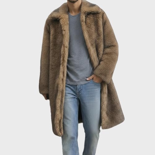 Image of Lisa Colly Men's Faux Fur Coat Winter Parka Overcoat | Men's Faux Fur Jacket, Winter Faux Fur Long Coat, Long Sleeve Fluffy Overcoat