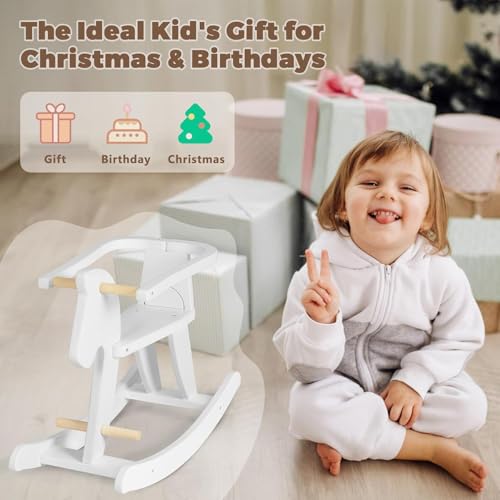 Labebe Baby Schaukelpferd Holz, Weiß Klassisch Schaukeltier, Chic Schaukel Pferd Kinder, Schaukelspielzeug Kleinkind Spielzeug Schaukelstuhl Junge und Mädchen ab 1 Jahr
