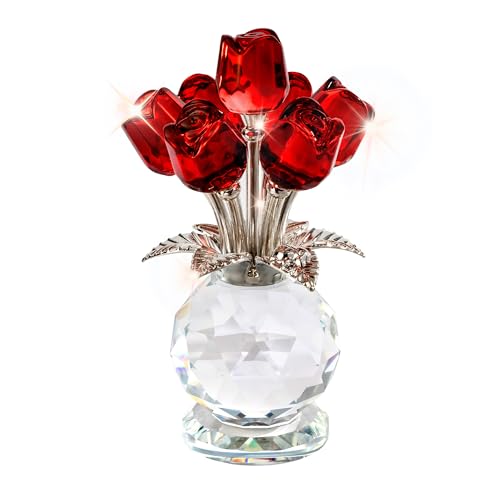 KRISININE Crystal Red Rose Flower Collectible Figurine with Base Glass Rose Figurine Decor Paperweight Gift for Women Mom(4.7 * 2.8in)