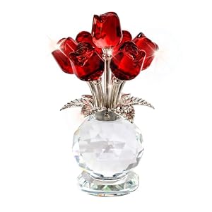 Crystal Red Rose Flower Collectible Figurine with Base Glass Rose Figurine Decor Paperweight Gift for Women Mom(4.7 * 2.8in)