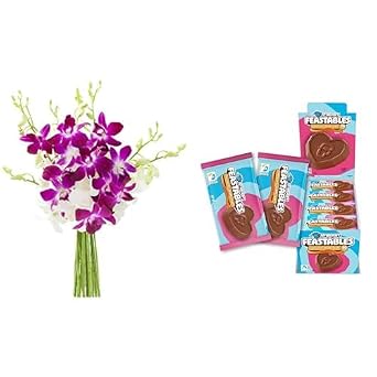 KaBloom Exotic Purple & White Orchid Bouquet with MrBeast Caramel Valentine Hearts 20-Count Milk Chocolate Gift Set