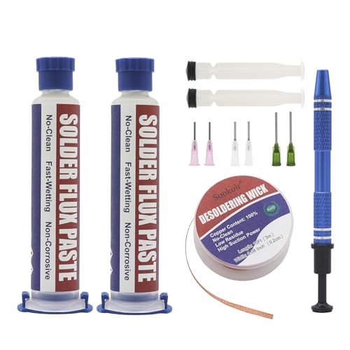 Sookolr No-Clean Flux Paste, Solder Wick & Electronic Small Parts Pickup Kit, Soldering Flux 10cc/Bottle (2PACK), 10Ft Desoldering Wick, IC Pickup Tool (1 stick)
