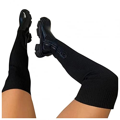 Hbeylia Platform Tight High Boots For Women Ladies Fashion Stretch Knitted Leather Round Toe Chunky Bottom Slip On Flats Over The Knee Boots Casual Non Slip Winter Fall Long Tall Boots For Wedding