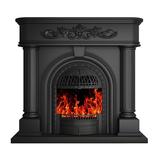 Image of Electric Fireplace with Mantel, Solid Wood Black TV Stand with Fireplace for Living Room,Black Birdcage Fire Place Heater with Roman Column Design for Bedroom