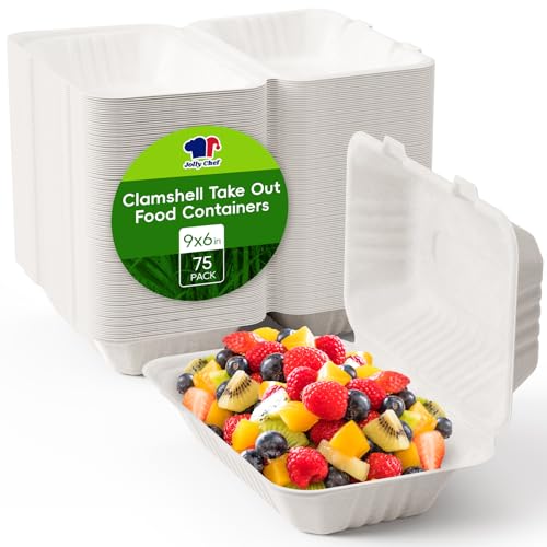 JOLLY CHEF Clamshell Take Out Food Containers, [9 * 6" 75-Pack] To Go Containers Disposable, Sugarcane To Go Boxes for Salad,Lunch by JOLLY CHEF - Used condition - US$19.17