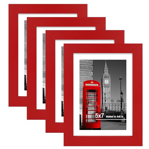 Hongkee 5x7 Picture Frame(4 Pack,Red) Made of Real Glass and Wooden Frame