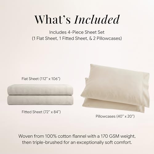 Image of Tribeca Living Triple Brushed Soft Cotton Flannel Sheets Set, Cal King Size 170-GSM Weight Extra Deep Pocket Sheet in Solid Ivory Color