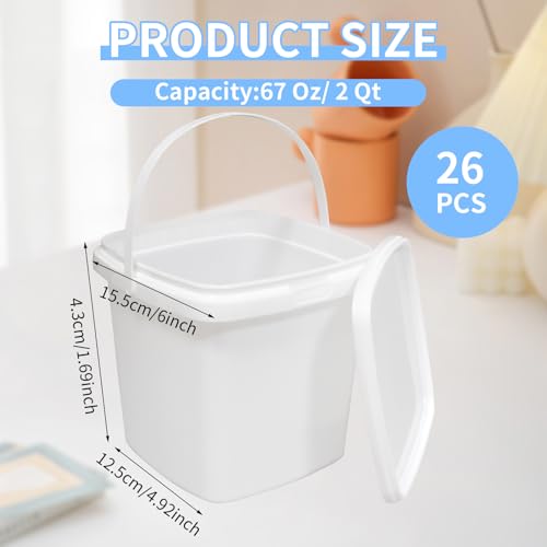 26 Pcs Plastic Food Containers with Lids and Handle 67 Oz 2 Qt 0.5 Gallon Kitchen Food Storage Buckets Reusable Square Deli Storage Buckets for Ice Cream, Freezer and Microwave