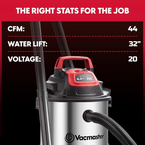 Image of Vacmaster DVOM204S 1101 4-Gal 20V Cordless Stainless-Steel Wet /Dry Vac Red