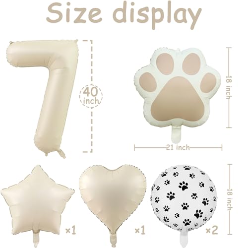 Image of 7th Birthday Dog Paw Balloons Set,18'' Paw Prints, Heart,Star,Paw Shaped Foil Balloon 40 Inch Cream Number 7 Helium balloons for Puppy Themed Third Anniversary Birthday Party Decorations Supplies 6PCS