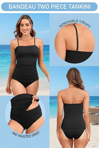 Aqua Eve Bandeau-Badeanzüge für Damen, zweiteilig, gerüscht, Bauchkontrolle, Tankini-Set, trägerlose Bademode, Schwarz, Large