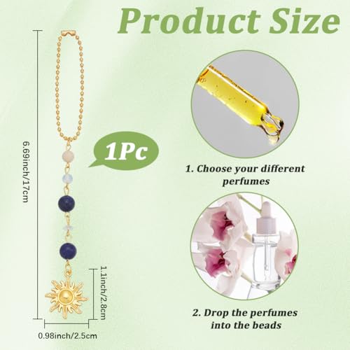 CREATCABIN Sonnen Anhänger Aufhängen Auto Rückspiegel Zubehör Boho Stil Natürliche Edelsteinperlen Baumelnder Anhänger Dekoration Für Autozubehör Ornament Tasche Handyhülle Tür Fenster Tiefblau 17cm