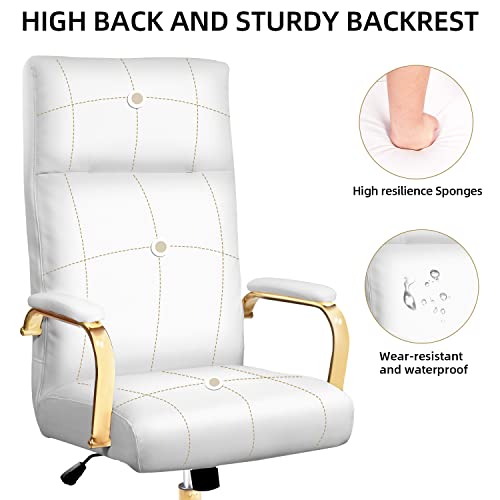 Toszn White And Gold Office Chair, Office Chair Gold, Executive Office Chair With Back Support And Armrest, High Back Leather Office Chair For Women, Desk Chairs With Wheels And Gold Legs, White #TOP4