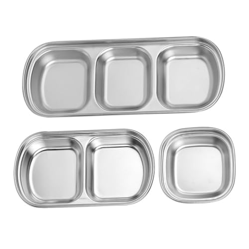 SOLUSTRE 3Pcs Stainless Steel Divided Dipping Dishes Korean Style Sauce Plates for Condiments for Bbq Home and Parties Easy to Clean and