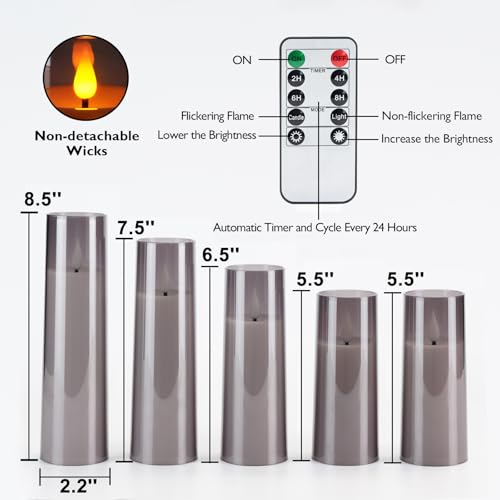 Image of Amagic Grey Flameless Candles with Remote, Flickering Battery Operated Candles with Timer, Acrylic LED Fake Candle for Halloween Home Decor, 3D Wick, D2.2 xH5 5 inch 6 inch 7 inch 8 inch, Set of 5
