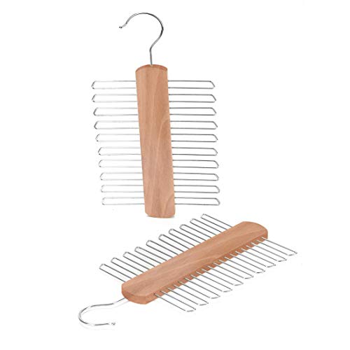 JS HANGER Wooden Necktie and Belt Hanger 2-Pack, Natural Finish Wood Center Organizer and Storage Rack with a Non-Slip Clips Finish - 20 Hooks, 360 Degree Swivel Space Saving Organizer for Men - Thumbnail 7