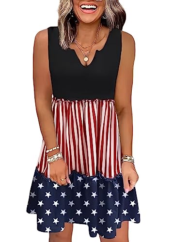 AIMITAG American Flag Star Vertical Striped Ruffled Mini Dress Womens Casual Loose Flowy Swing Dress Summer Boho Tank Dress (Small,Black2)