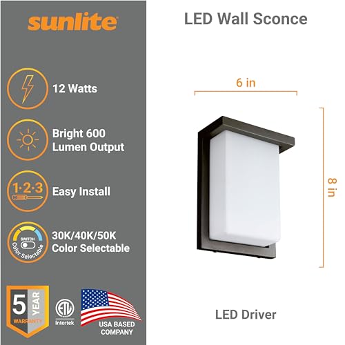 Image of Sunlite 88673 8 inch Modern LED Wall Sconce Light, Outdoor Fixture, Adjustable 3 CCT 3000K-5000K, 12 Watts, 600 Lumens, Opal Shade, Oil Rubbed Bronze, Indoor for Bathrooms, Garage, Hallways & Entryways