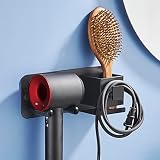 HANFU Soporte Secador Pelo Montado en la Pared, Colgador Secador Pelo adhesivode de Aluminio, Soporte Secador de Pelo sin Taladro con Almacenamiento y...