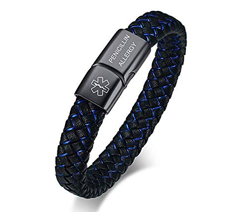 VNOX Blue PENICILLIN Allergy Braided Leather Medical Symbol Caduceus with Magnetic Clasp Cuff