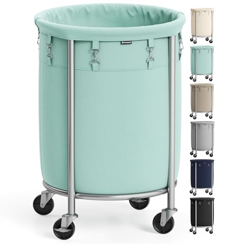 SONGMICS 29-Gallon (110 L) Laundry Basket with Wheels, Rolling Round Heavy-Duty Laundry Hamper Cart with Steel Frame and Removable Bag, 2 Locking Wheels, Mint Green and Metallic Silver URLS0