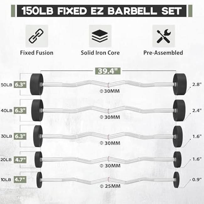 Mikolo Fixed Barbell, Pre-Loaded Weight EZ Curl Bar, PVC Barbell Weight Set for Strength Training and Weightlifting