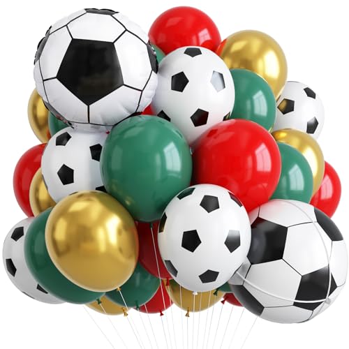 Soccer Balloons Dark Green Red and Gold Football Theme Balloons with 4D Foil Football Balloon for Boys Kids Soccer Birthday Sports Themed Baby Shower Graduation Party Decorations