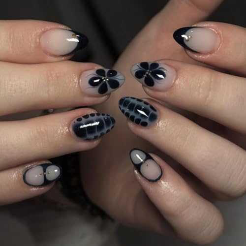 Image of Black Press on Nails Short Almond Fake Nails Flower False Nail with Design Alligator Print Glue on Nails Glossy Artificial Acrylic Nail Full Cover Nude Stick on Nail for Women Manicure 24Pcs